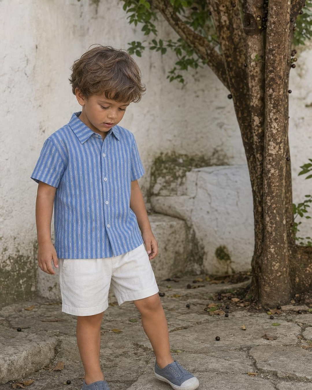 Menino usando camisa listrada azul e bermuda de linho Oli & Lino
