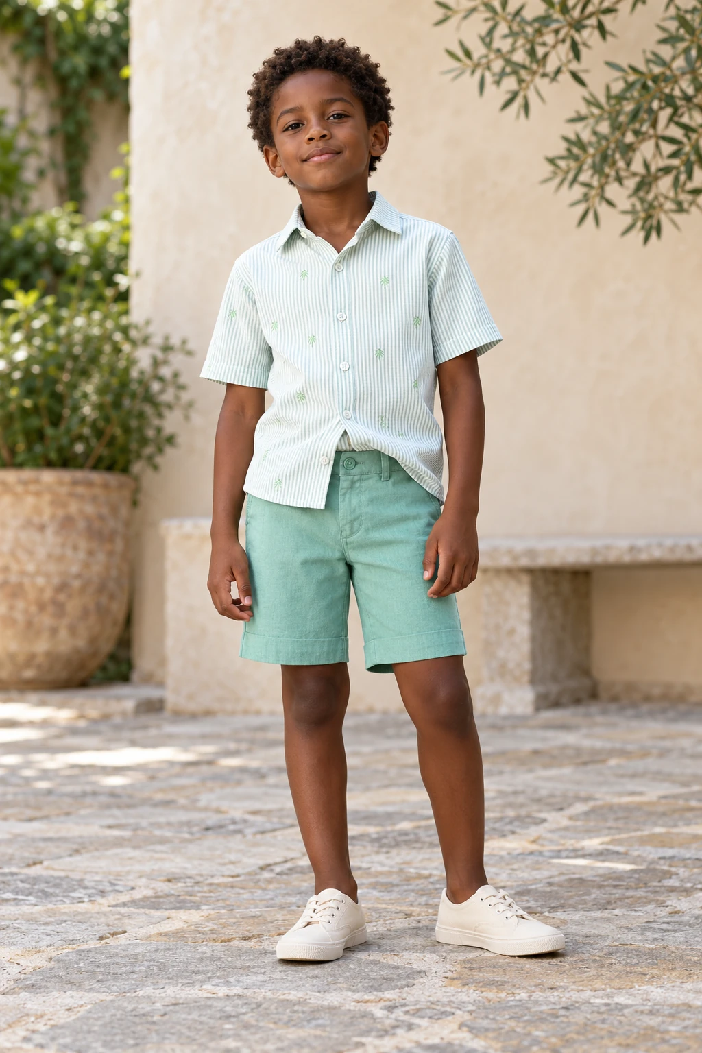 Conjunto infantil com bermuda verde e listras