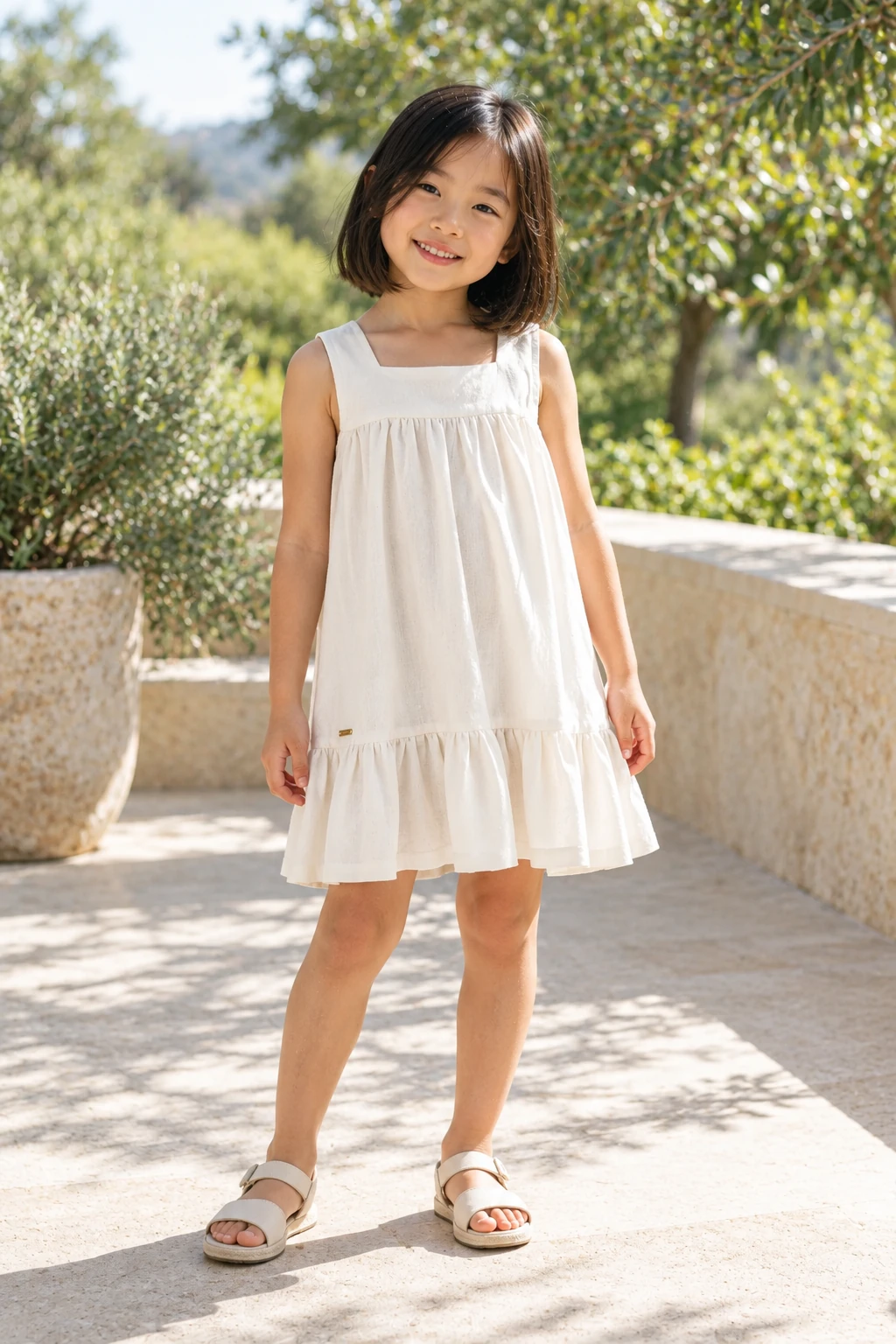 Vestido infantil de linho off-white